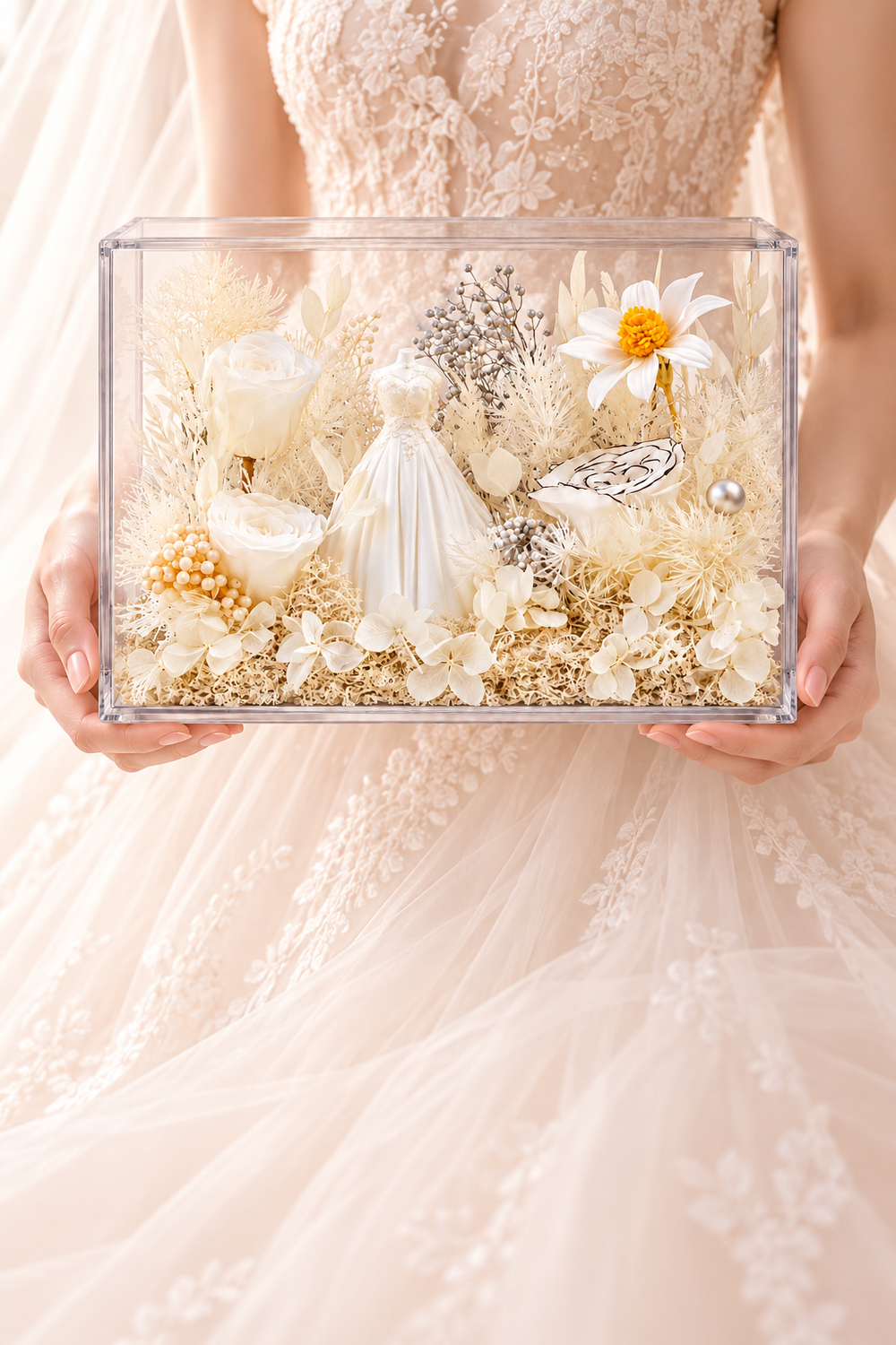 FLORAVELIA Ivory Vow floral box bridal portrait, face out of frame