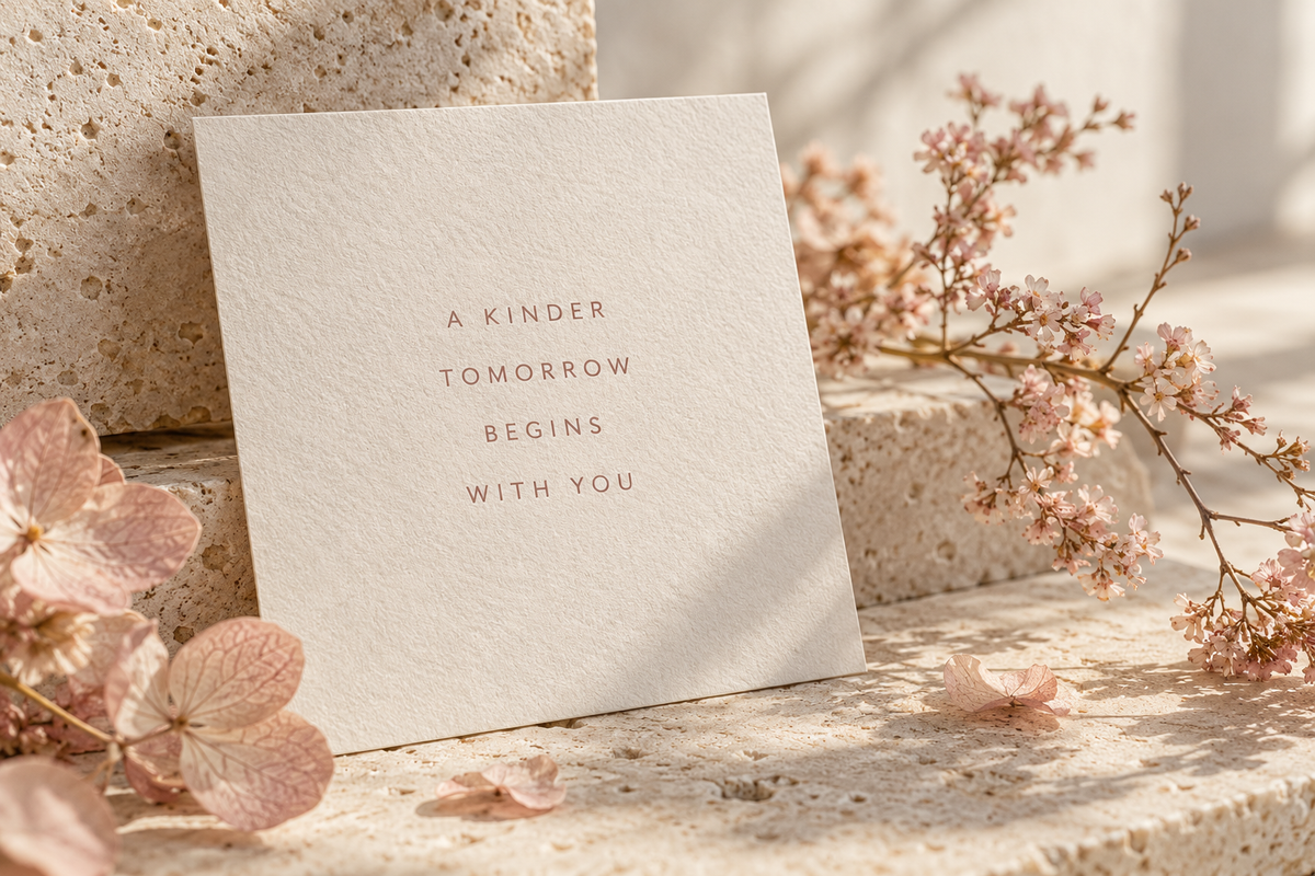 FLORAVELIA brand message on textured paper among blush flowers