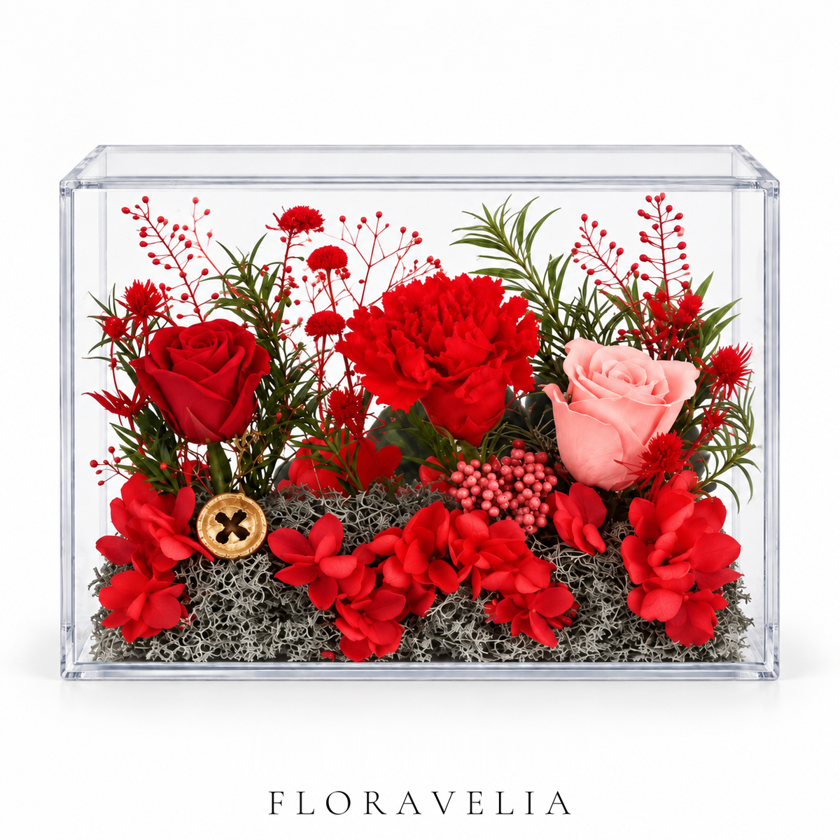 FLORAVELIA Scarlet Romance preserved floral acrylic box on white background