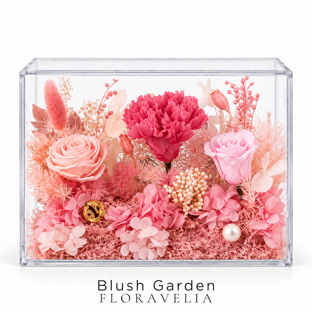 FLORAVELIA Blush Garden preserved floral acrylic box on white background