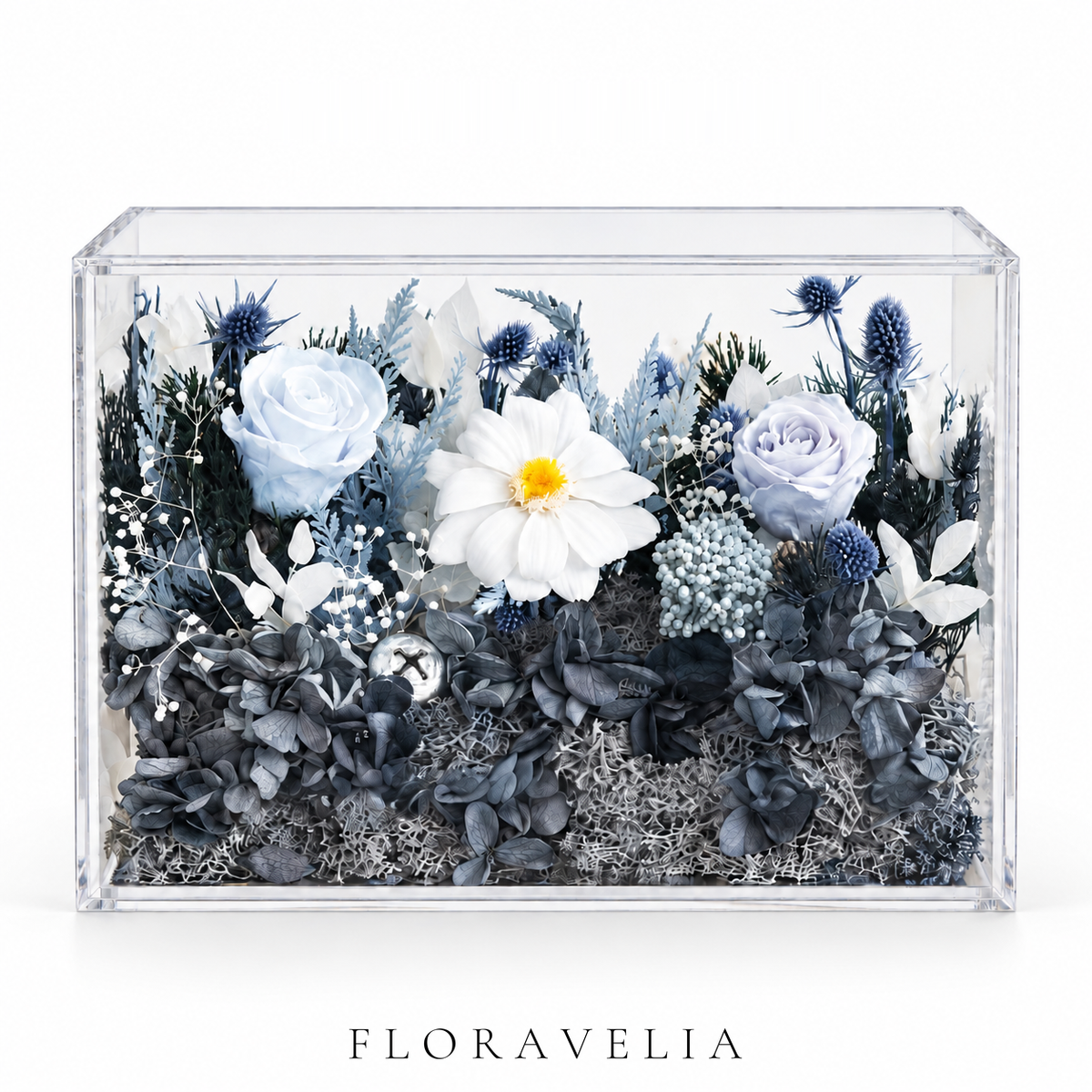 FLORAVELIA Midnight Frost preserved floral acrylic box on white background