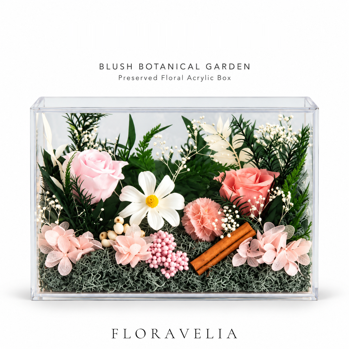 FLORAVELIA Rosewood Garden preserved floral acrylic box on white background