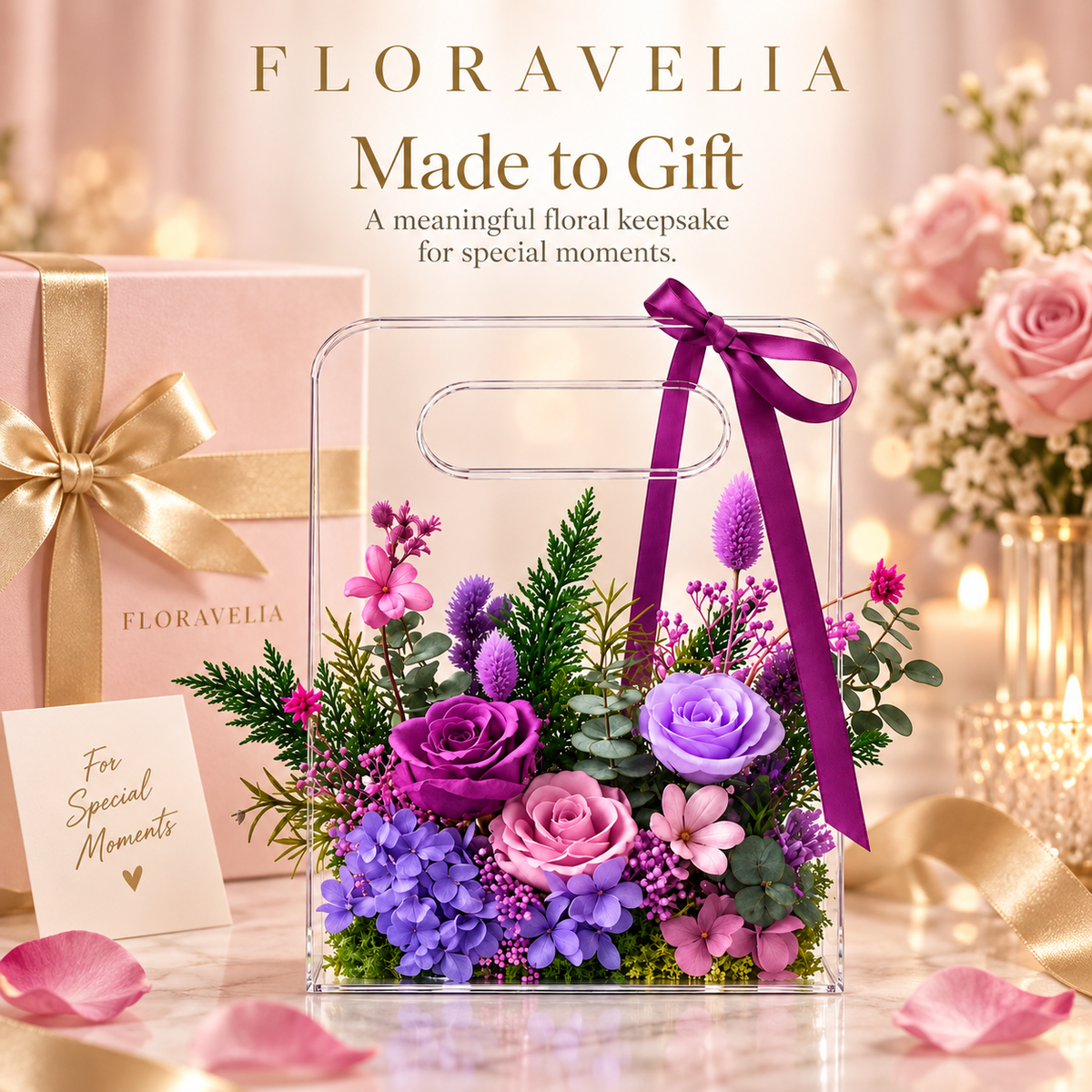 FLORAVELIA Product 03 SKU 01 purple floral acrylic handbag gift - gifting scene