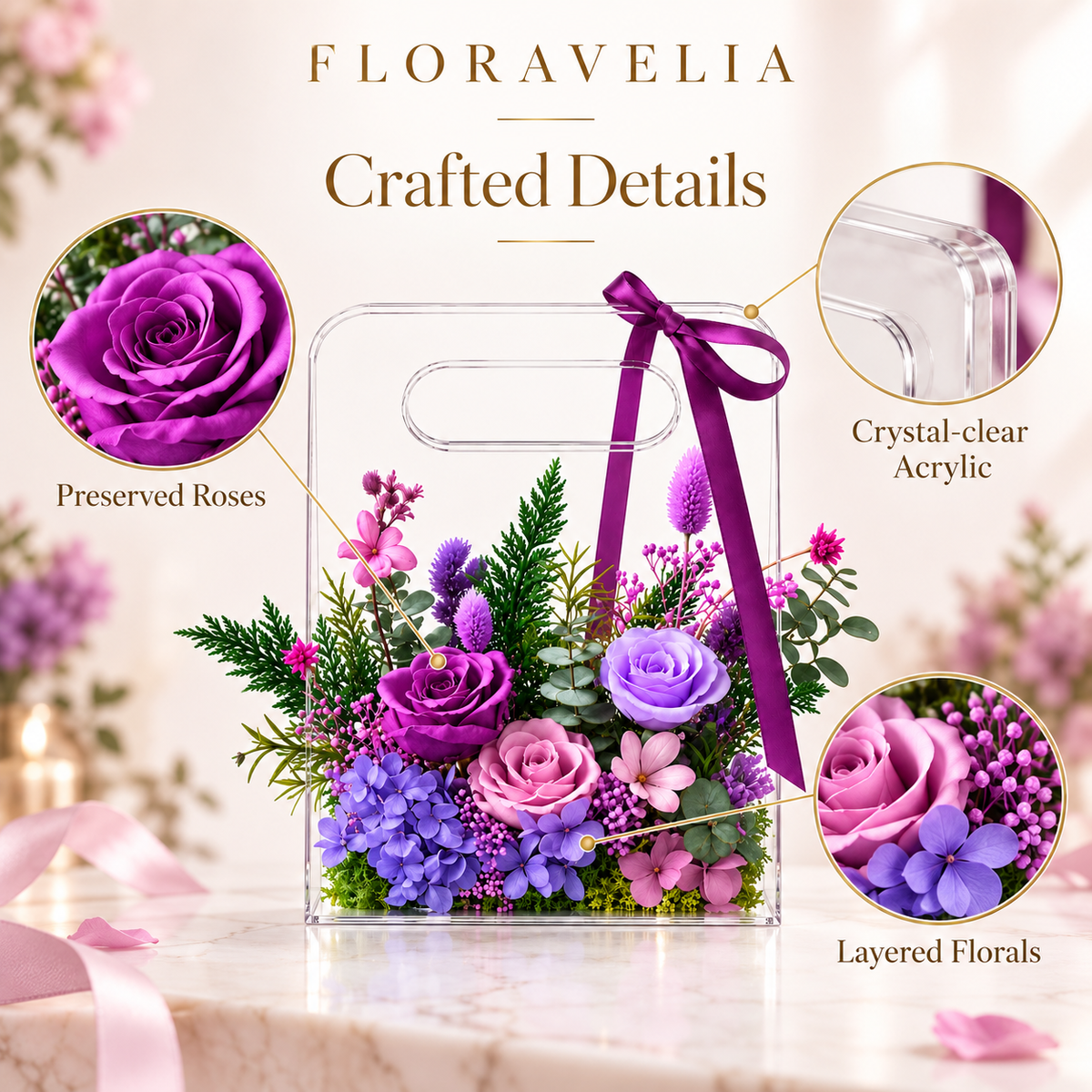 FLORAVELIA Product 03 SKU 01 purple floral acrylic handbag gift - crafted details