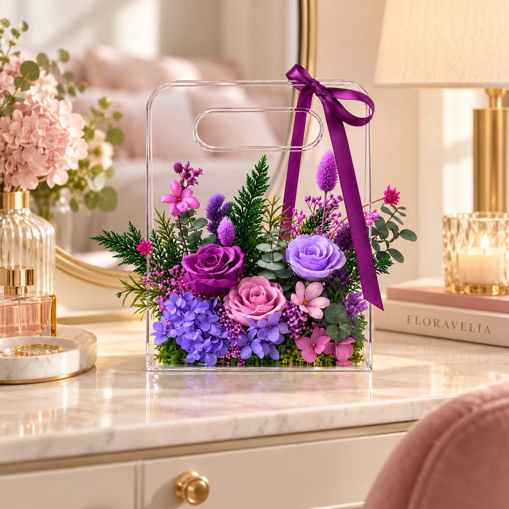 FLORAVELIA Product 03 SKU 01 purple floral acrylic handbag gift - home display