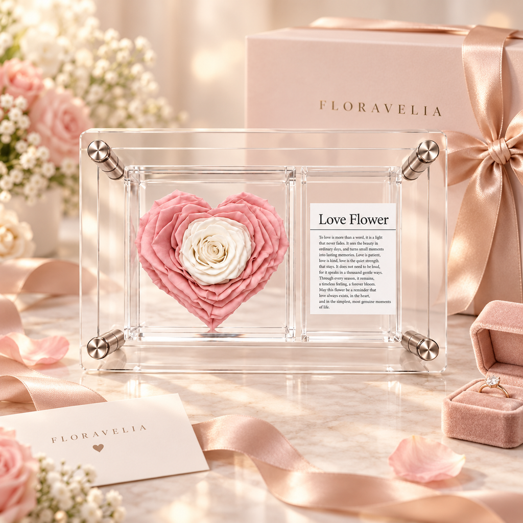 FLORAVELIA Blush Ivory heart keepsake frame gifting scene