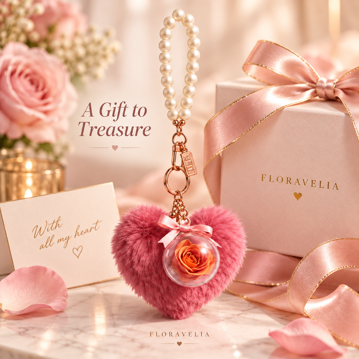 FLORAVELIA Heart Floral Bag Charm — Rose Red — gifting scene