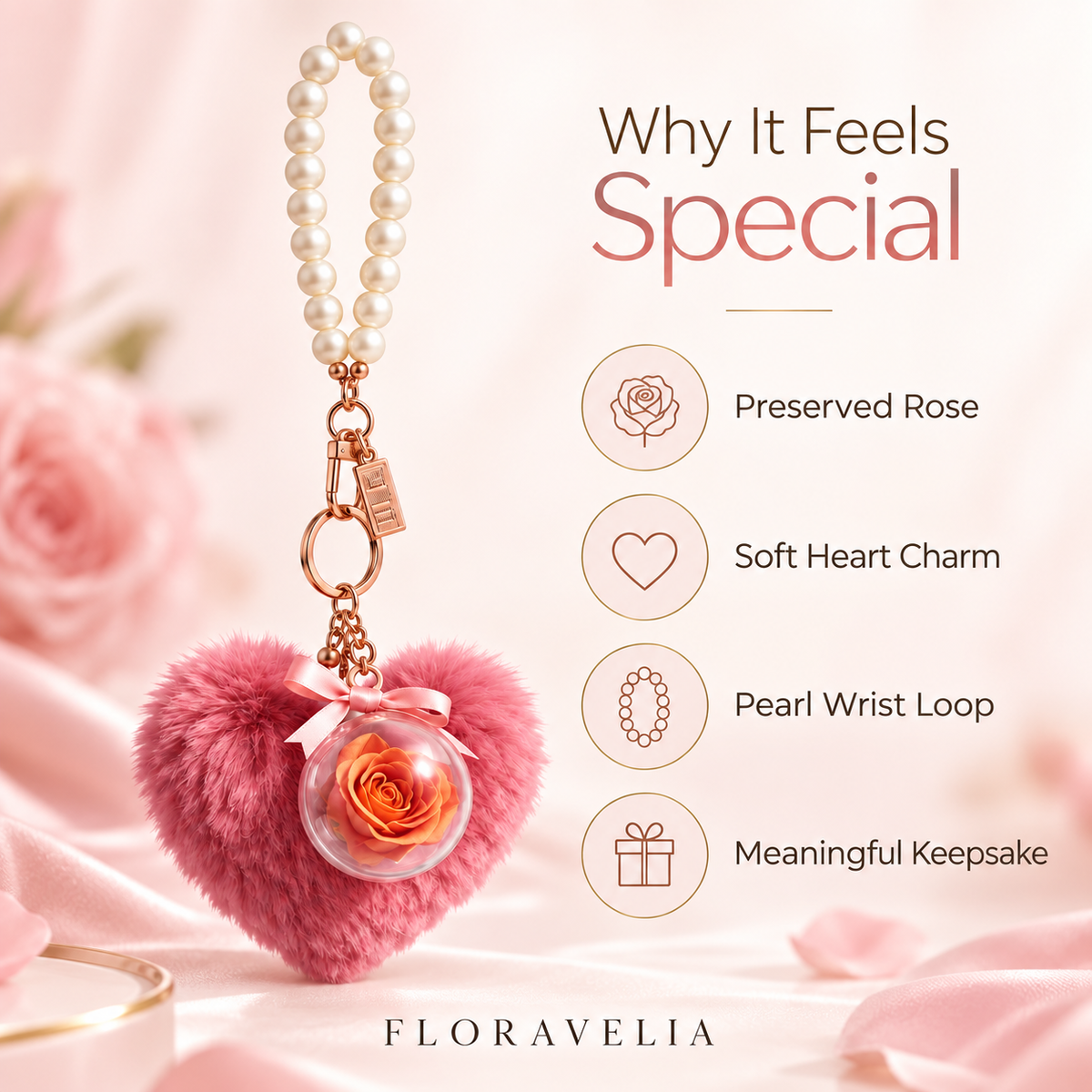FLORAVELIA Heart Floral Bag Charm — Rose Red — key benefits