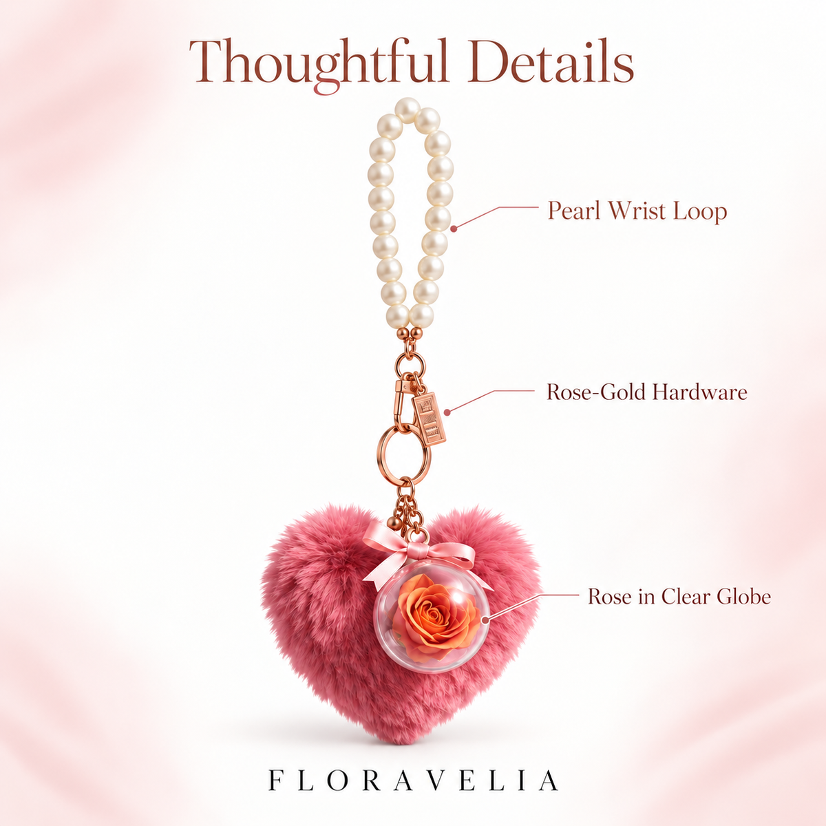 FLORAVELIA Heart Floral Bag Charm — Rose Red — feature details