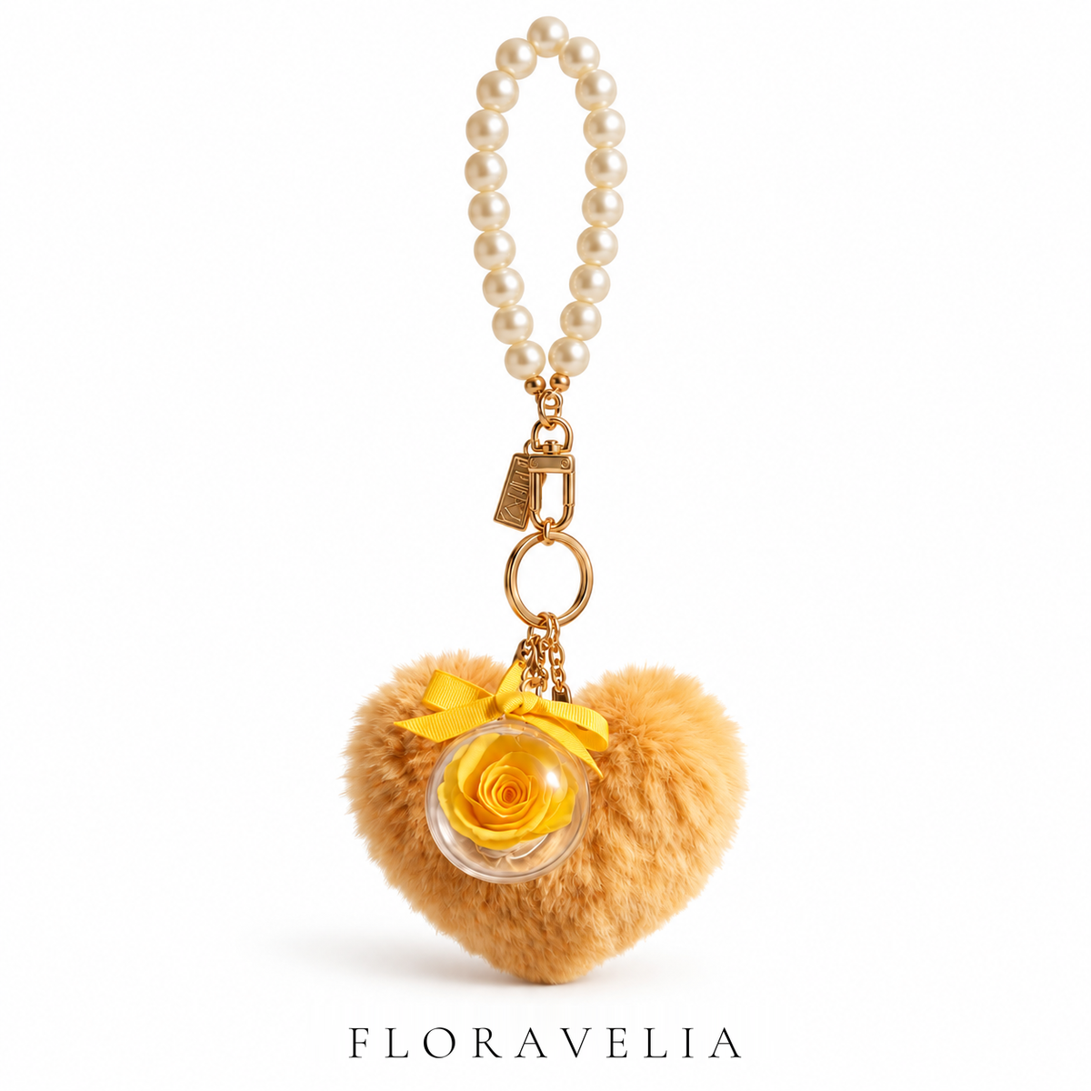 FLORAVELIA Heart Floral Bag Charm — Golden Yellow — brand hero