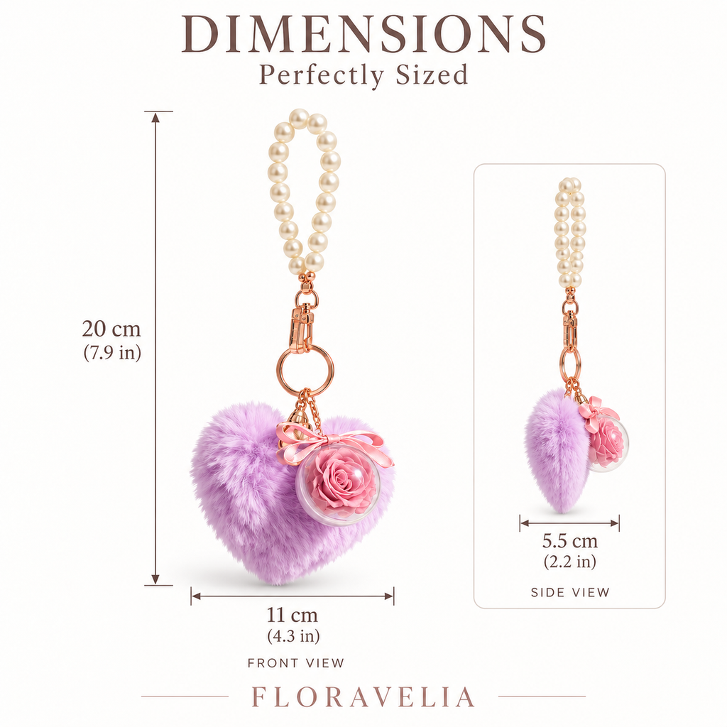 FLORAVELIA Heart Floral Bag Charm — Lavender — dimensions