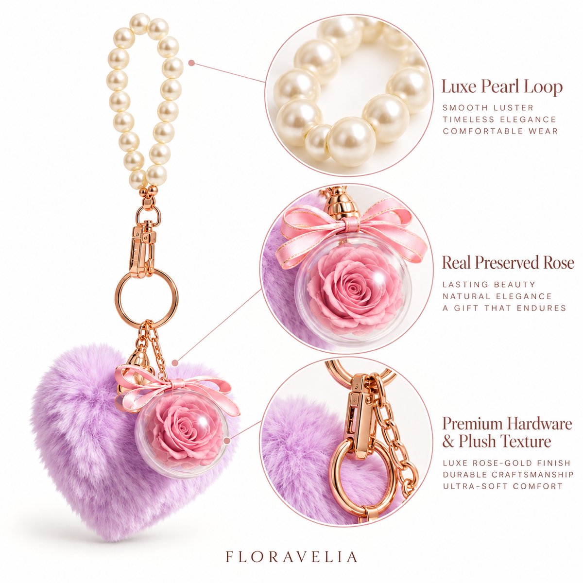FLORAVELIA Heart Floral Bag Charm — Lavender — craft closeups